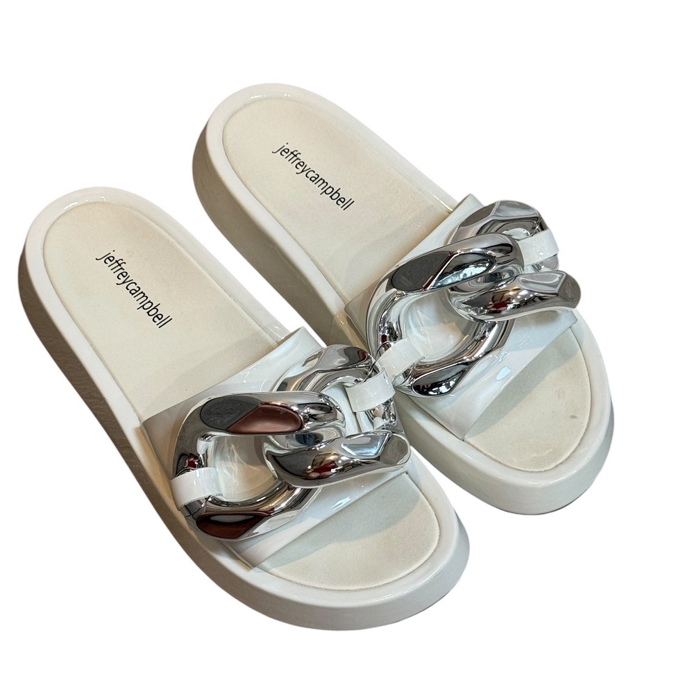 Jeffrey Campbell White Platform Slide Sandals Silver Chain Link Womens 8